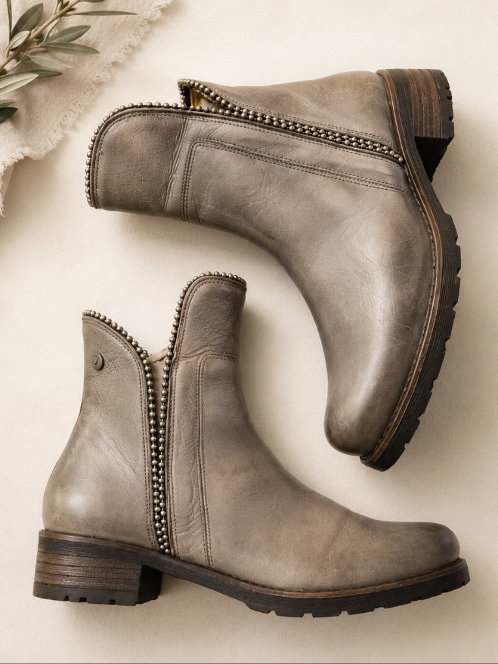 Jafa Boho Moto Handmade Distressed Leather Biker Ankle Boots 38 Mushroom Grey